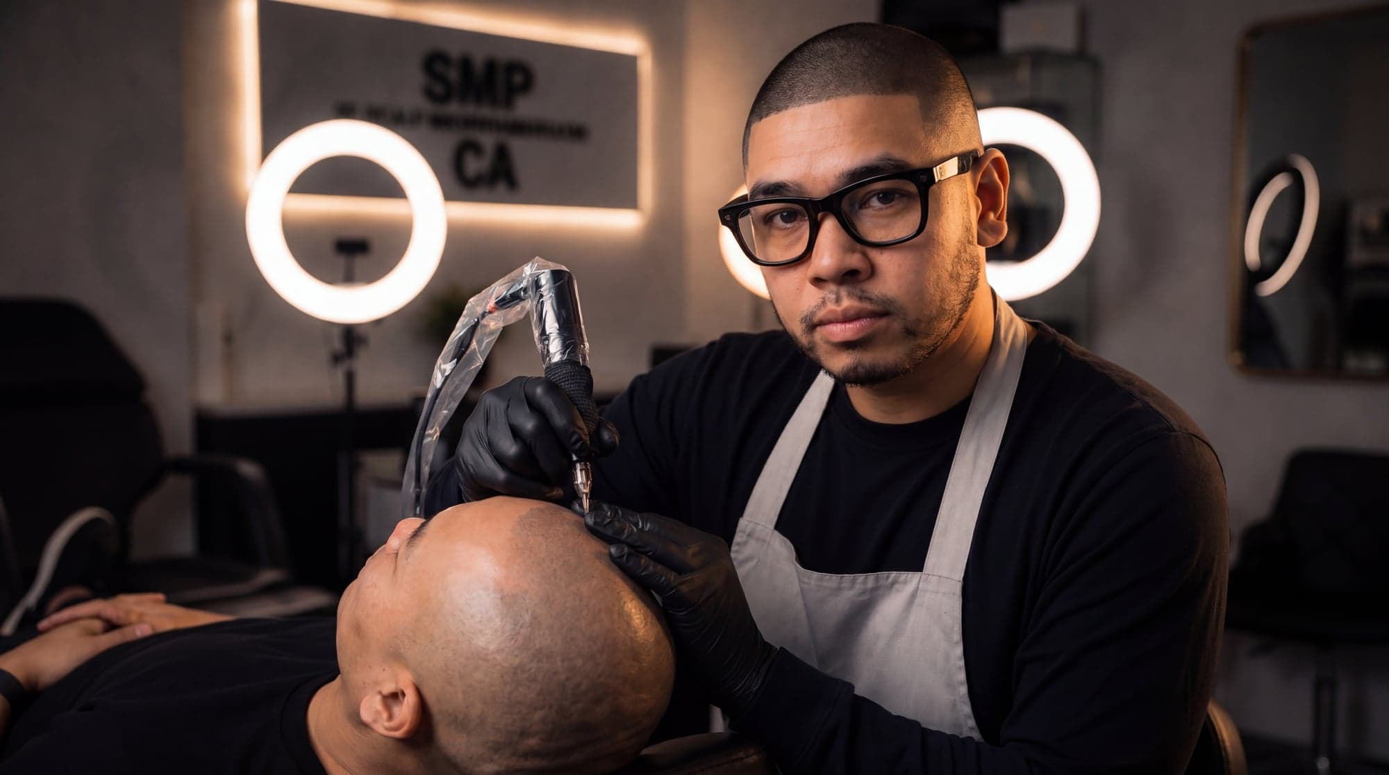 Master Barber Joe V. Nguyen performing scalp micropigmentation on a client at SMPCA, San Lorenzo CA