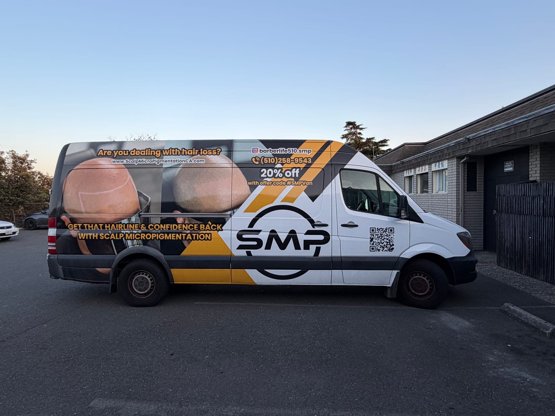 SMPCA mobile brand vehicle — a fully wrapped Mercedes Sprinter SMP van, the only one of its kind in the scalp micropigmentation industry